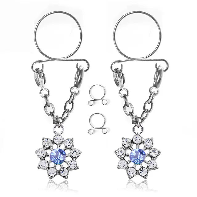 Faux Piercing téton Fleur Diamant Bleu Femme
