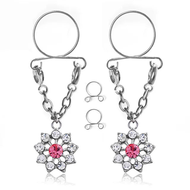 Faux Piercing téton Fleur Diamant Rose Femme