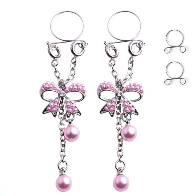 Faux Piercing téton Nœud Rose Femme