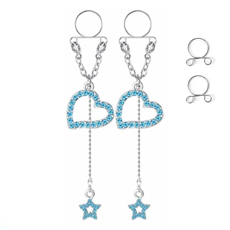 Faux Piercing téton Cœur et Etoile Bleu Femme