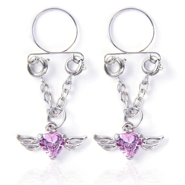 Faux Piercing téton Cœur Ailé Rose Femme