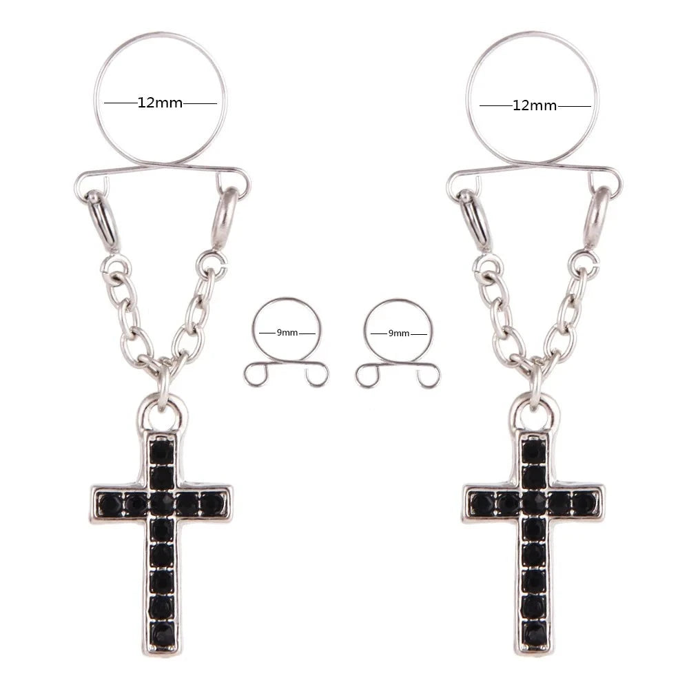 Faux Piercing téton Croix Noire Femme