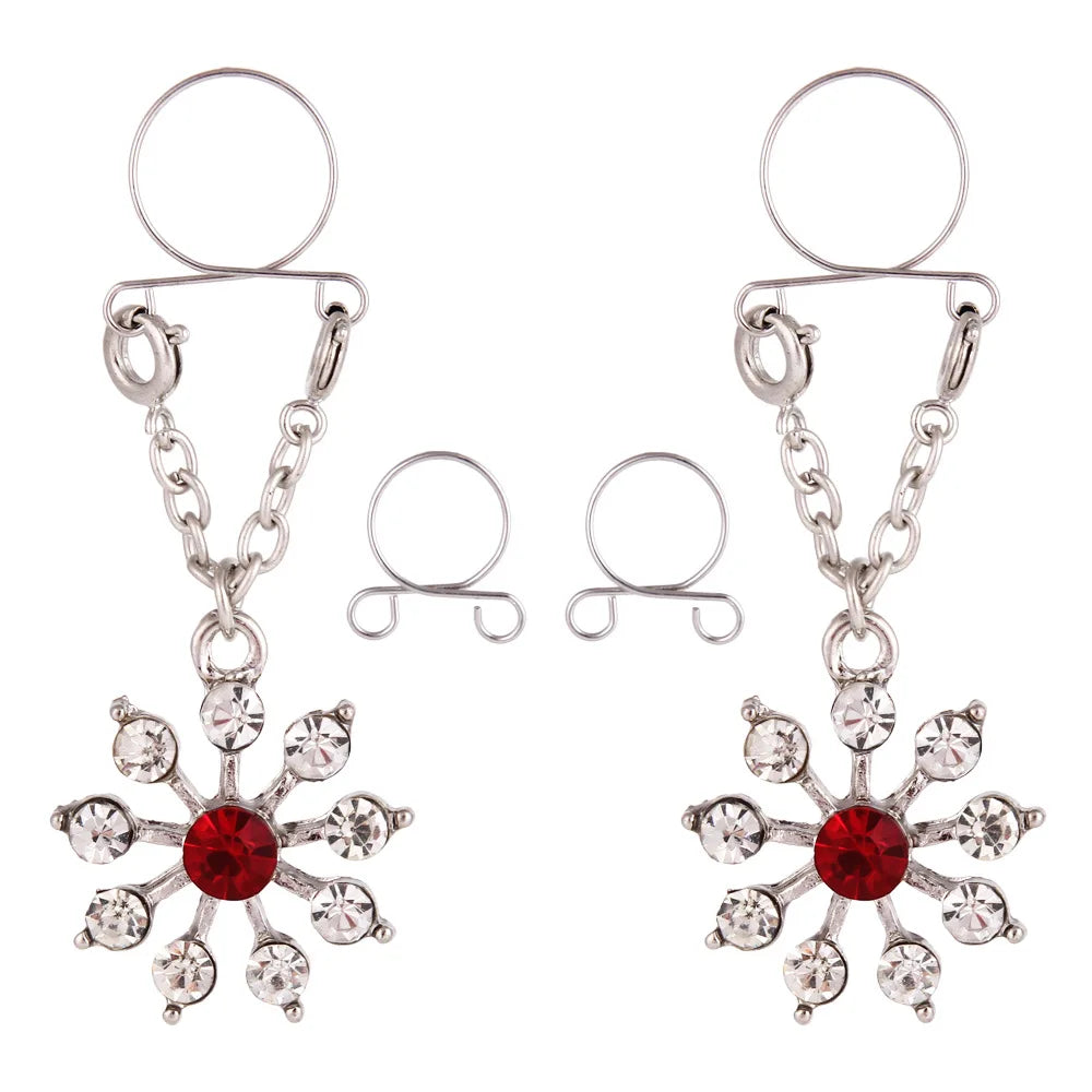 Faux Piercing téton Flocon Diamant Rouge Femme