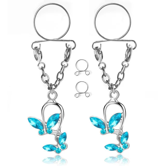 Faux Piercing téton Papillons Bleu Femme