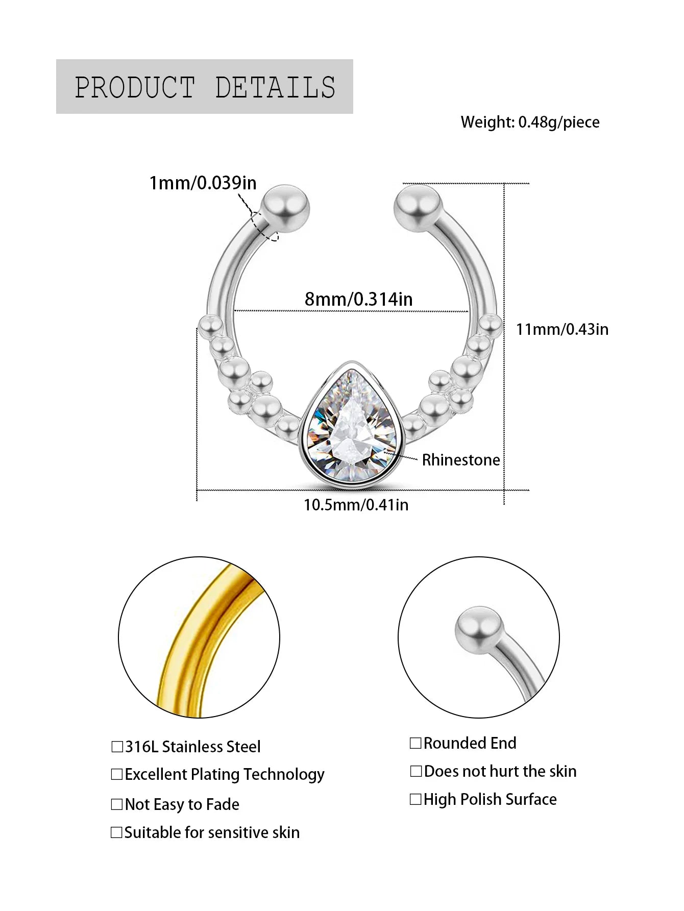 Faux Piercings en Faux Diamants pour Septum Soirée